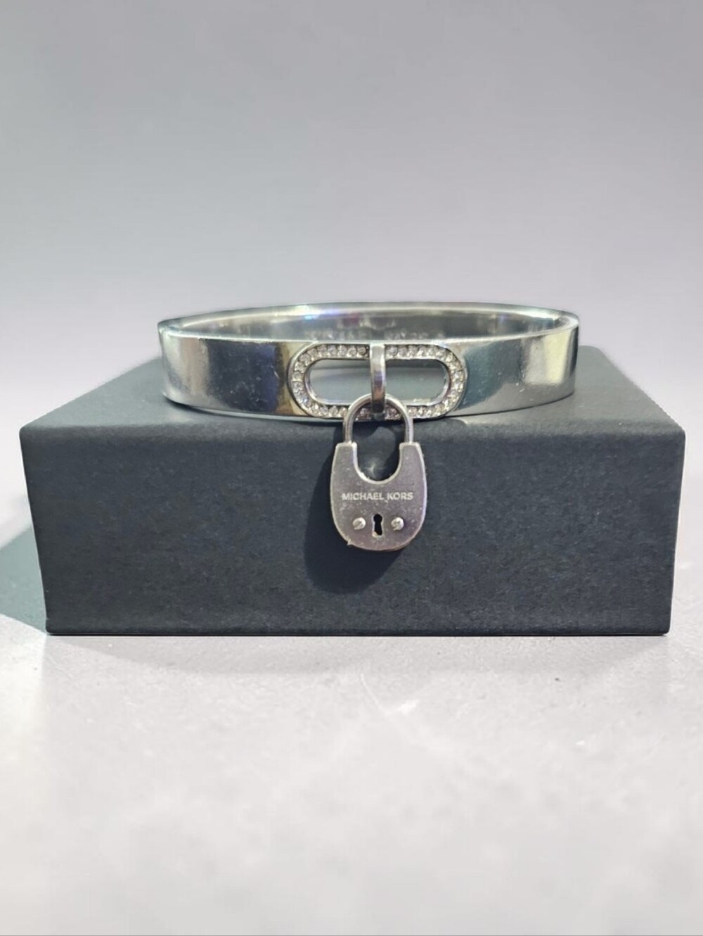 Michael Kors Silver Tone Pavé Crystal Padlock Hinged Bangle Bracelet MK Pre-Love